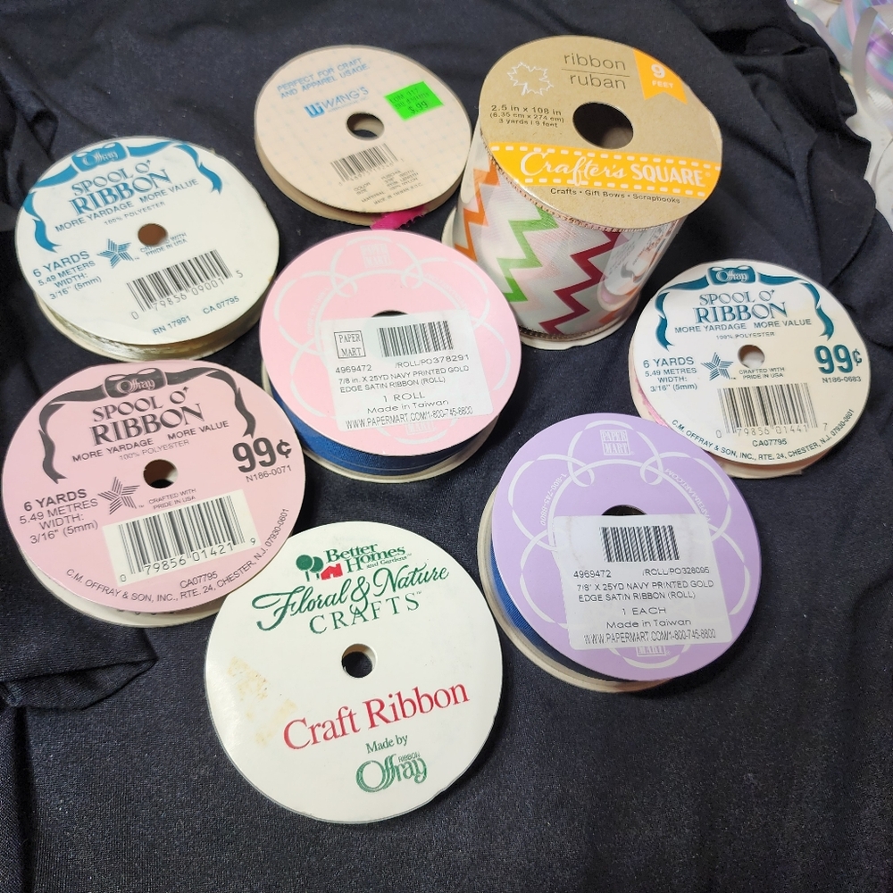 Vintage Colorful Ribbon Set with Chevron Pattern Gold Trim, 8 Spools - Picture 6 of 10